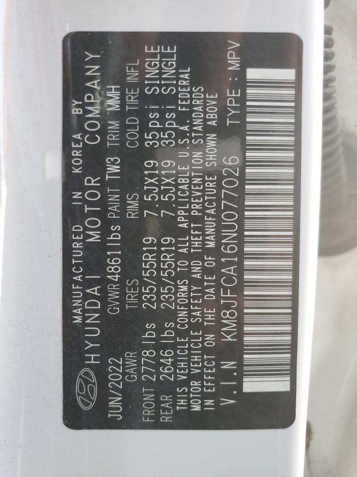 KM8JFCA16NU077026 2022 Hyundai Tucson Sel Convenience