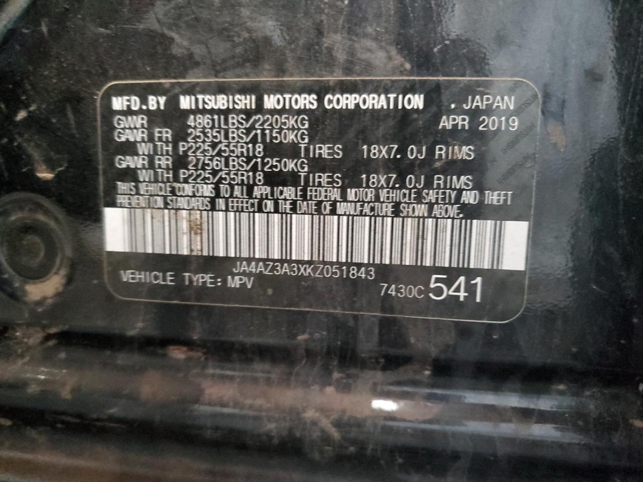 JA4AZ3A3XKZ051843 2019 Mitsubishi Outlander Se