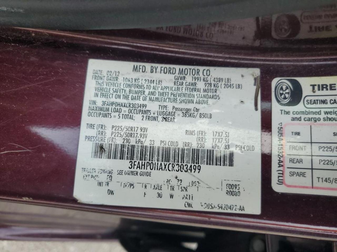 3FAHP0HAXCR303499 2012 Ford Fusion Se