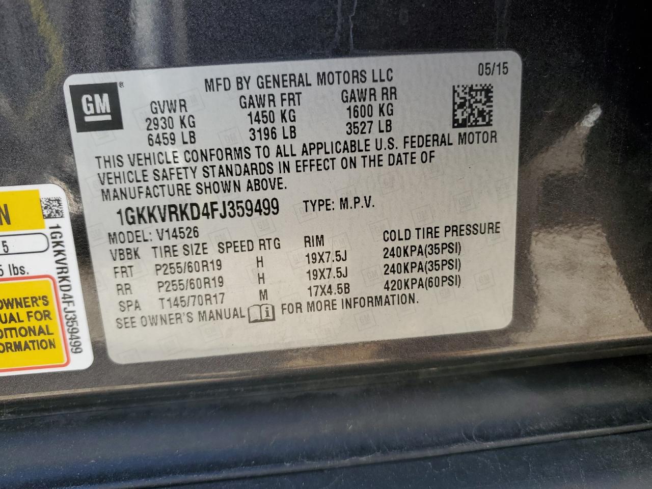 1GKKVRKD4FJ359499 2015 GMC Acadia Slt-1