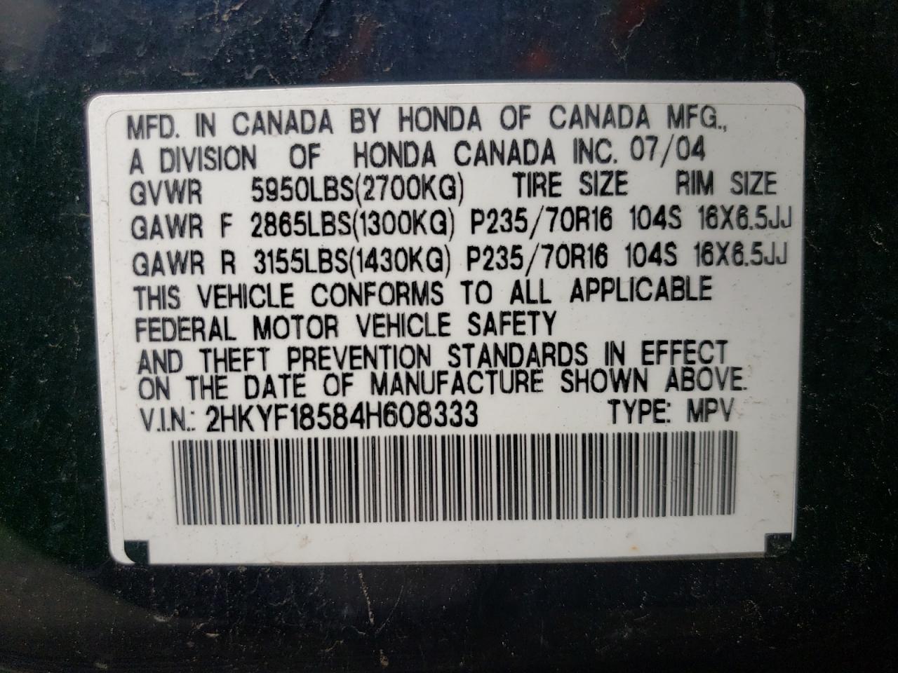 2HKYF18584H608333 2004 Honda Pilot Exl