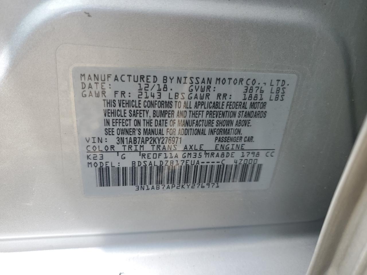 3N1AB7AP2KY276971 2019 Nissan Sentra S