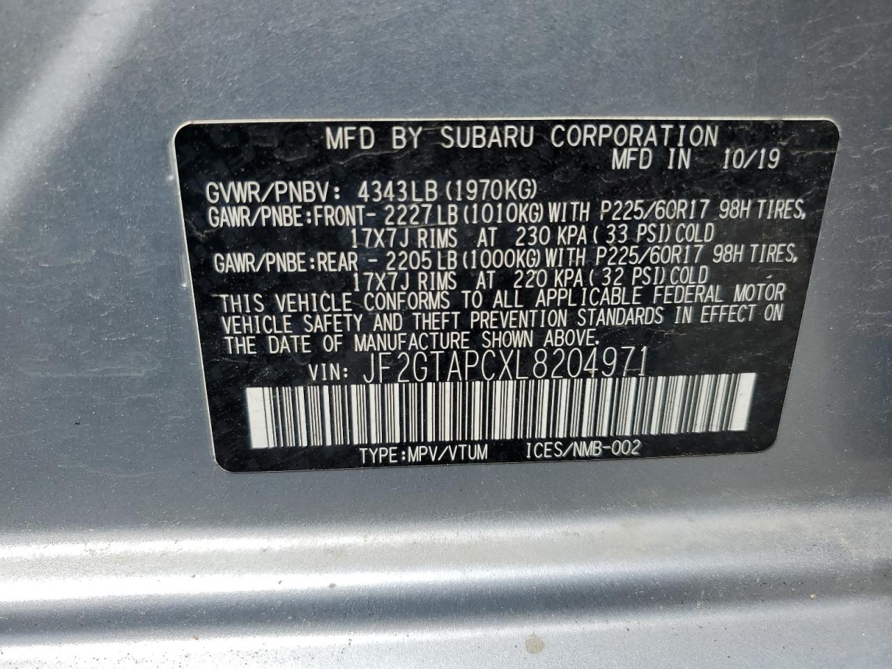 JF2GTAPCXL8204971 2020 Subaru Crosstrek Premium