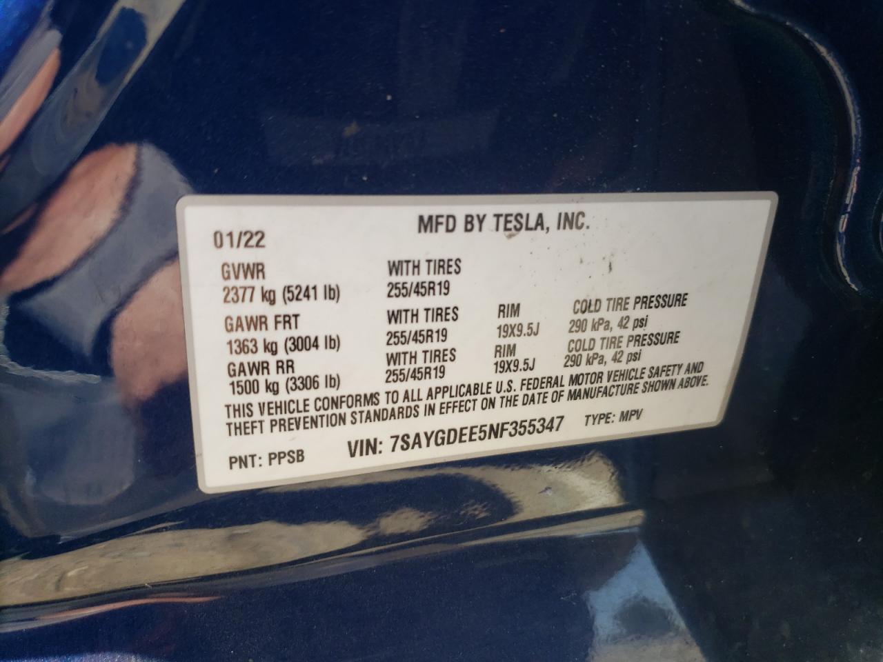 7SAYGDEE5NF355347 2022 Tesla Model Y