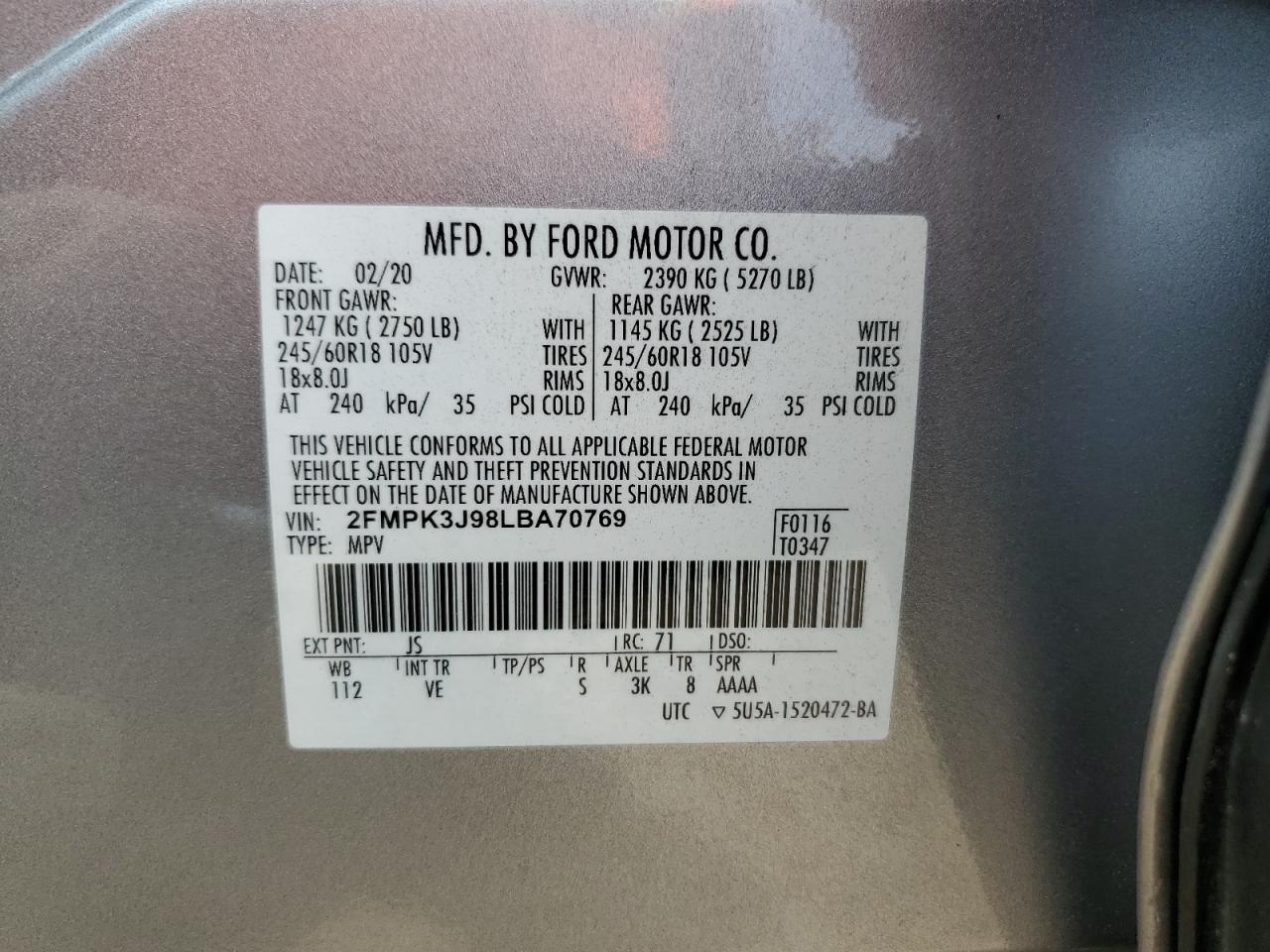 2FMPK3J98LBA70769 2020 Ford Edge Sel