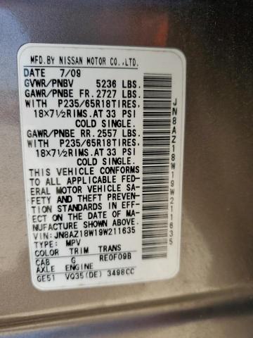 2009 Nissan Murano S VIN: JN8AZ18W19W211635 Lot: 57292914