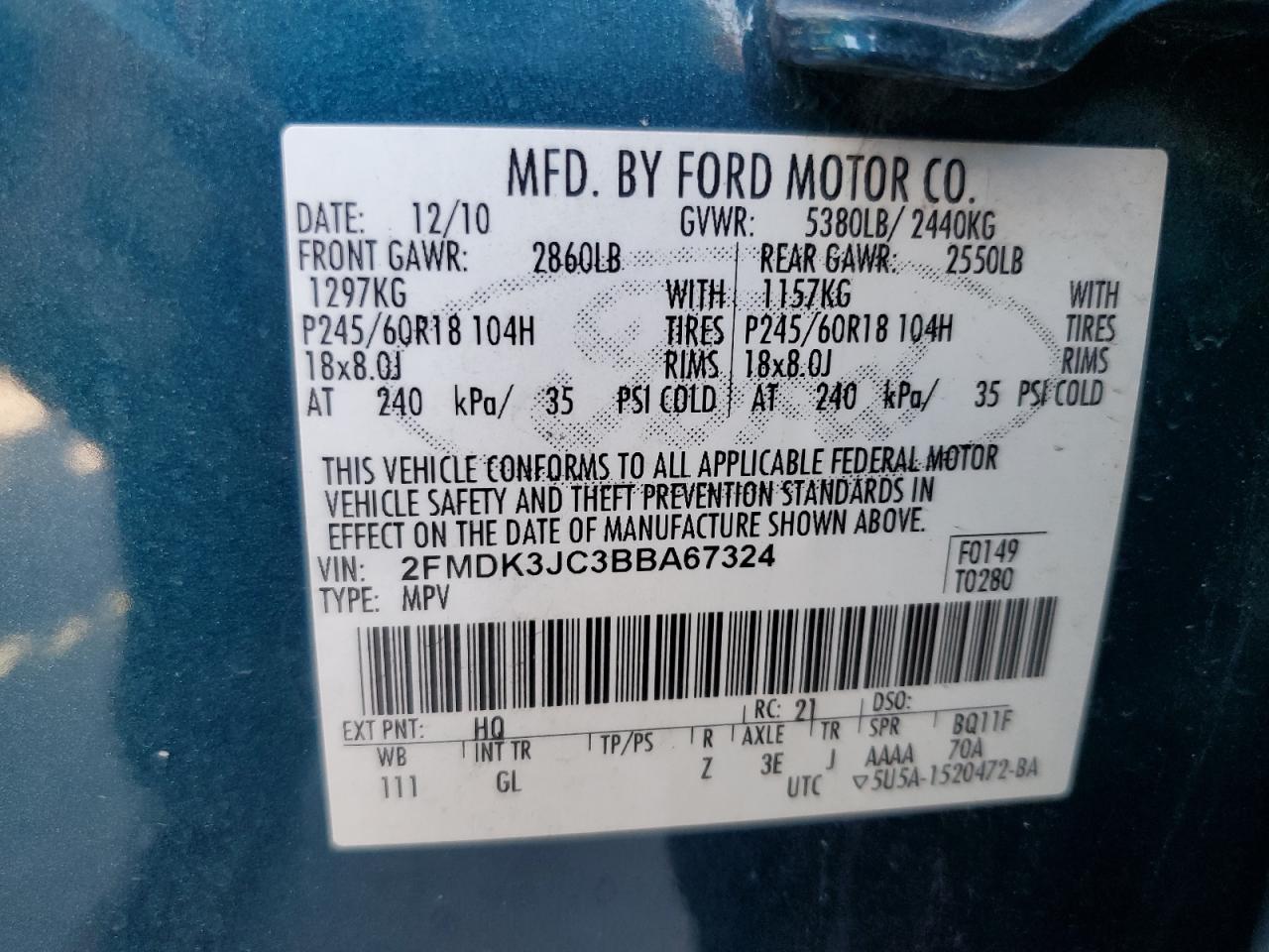 2FMDK3JC3BBA67324 2011 Ford Edge Sel