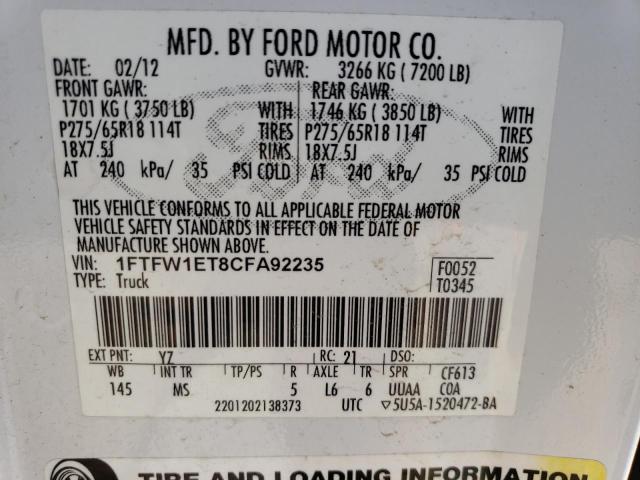 2012 Ford F150 Supercrew VIN: 1FTFW1ET8CFA92235 Lot: 57698624