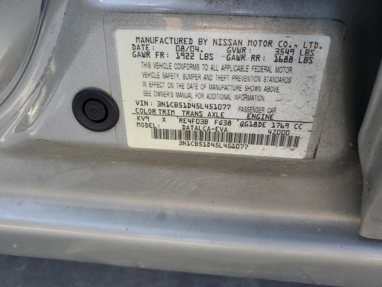 3N1CB51D45L451077 2005 Nissan Sentra 1.8