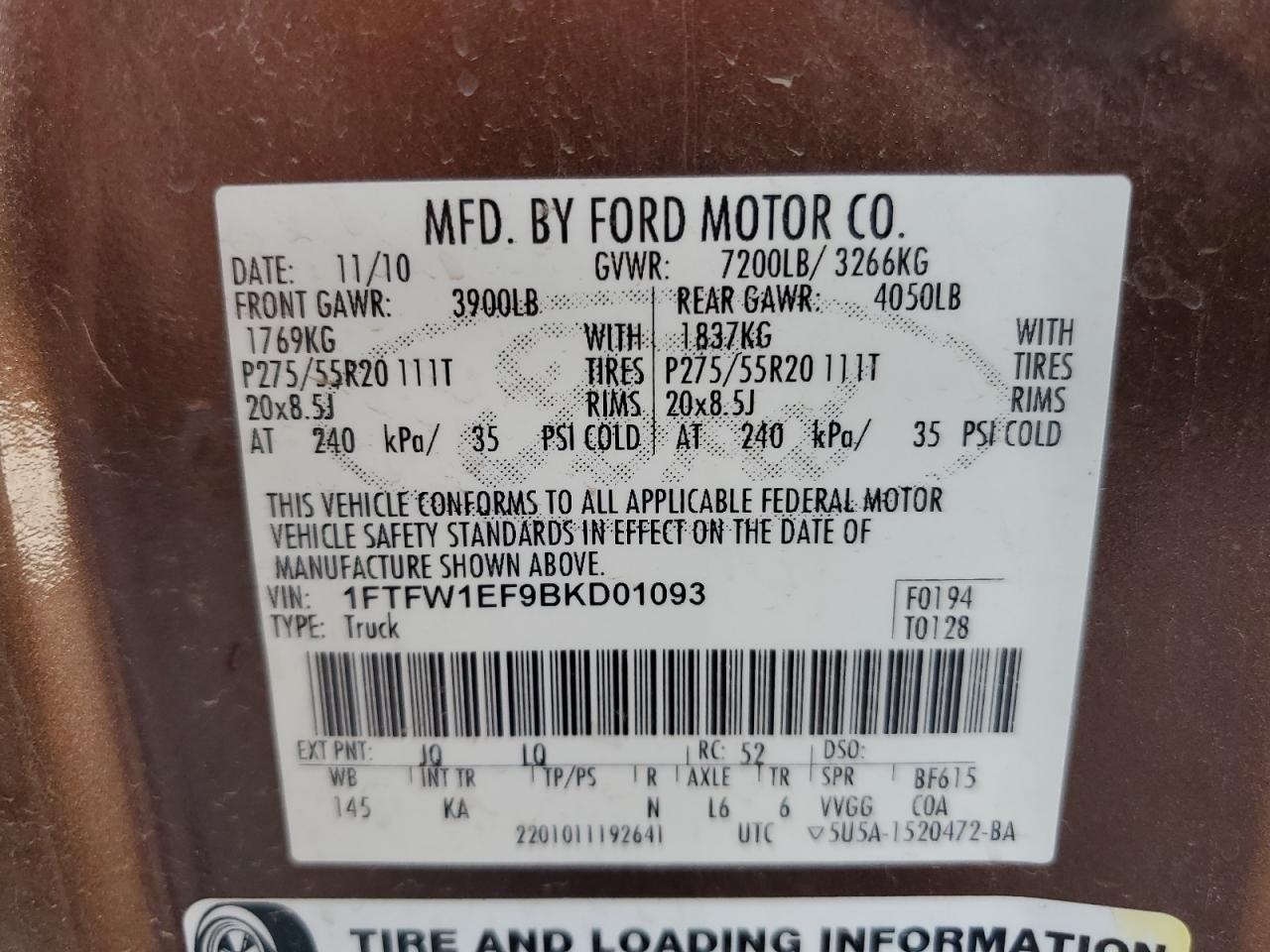 1FTFW1EF9BKD01093 2011 Ford F150 Supercrew