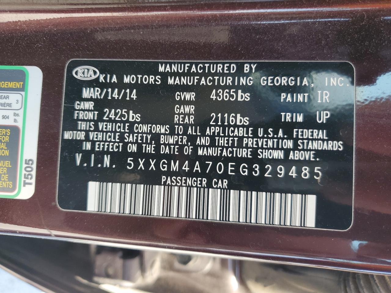 5XXGM4A70EG329485 2014 Kia Optima Lx