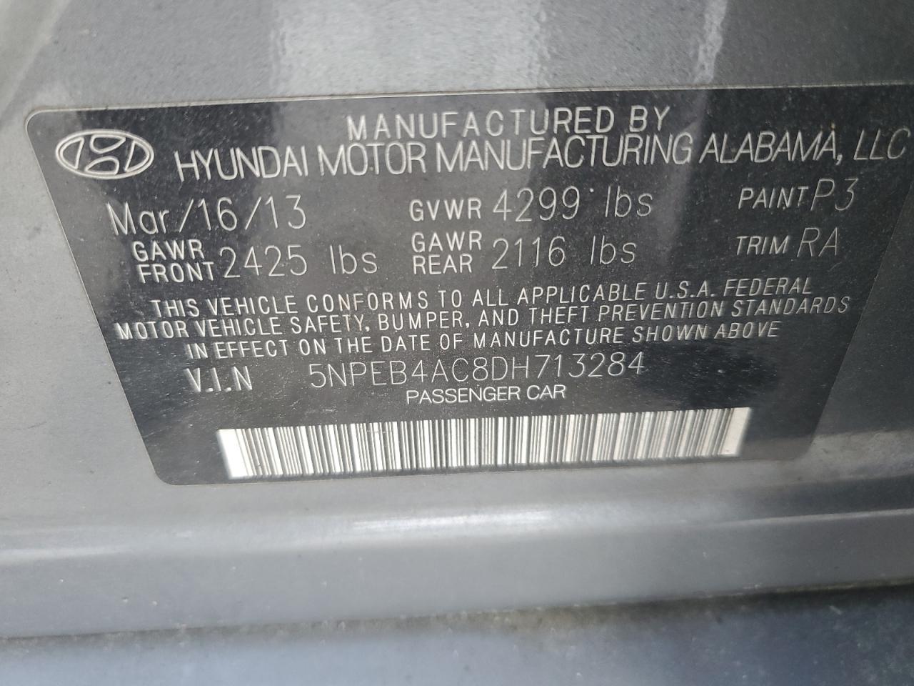 5NPEB4AC8DH713284 2013 Hyundai Sonata Gls