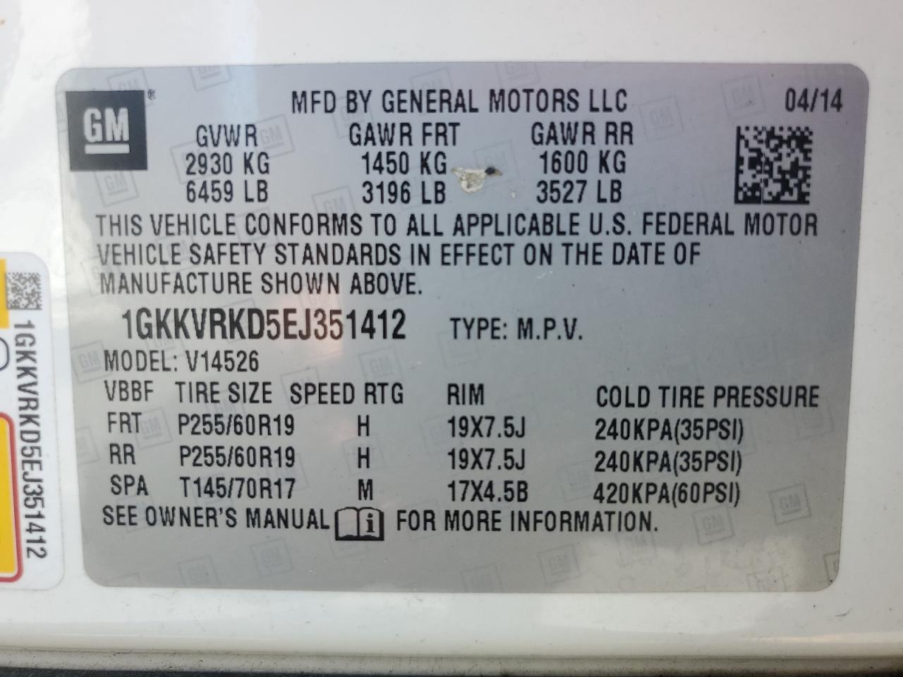 1GKKVRKD5EJ351412 2014 GMC Acadia Slt-1