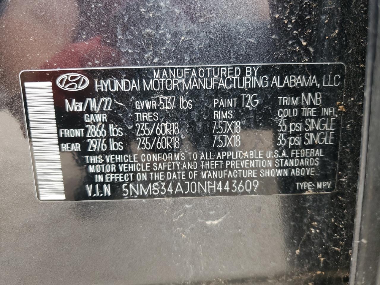 5NMS34AJ0NH443609 2022 Hyundai Santa Fe Sel