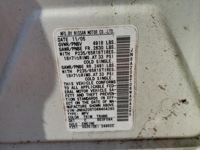 2006 Nissan Murano Sl VIN: JN8AZ08T06W404290 Lot: 59154714