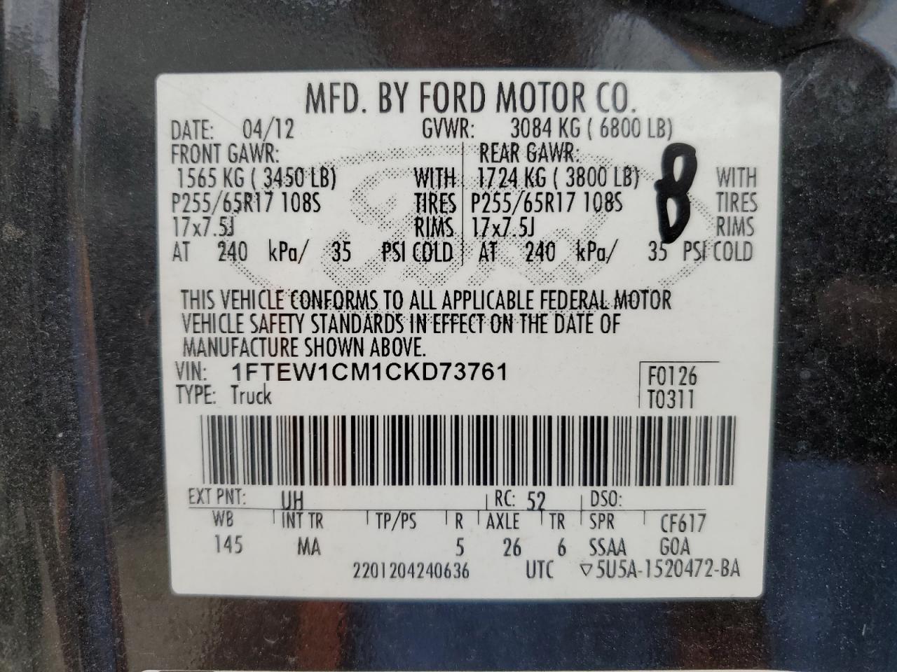 1FTEW1CM1CKD73761 2012 Ford F150 Supercrew