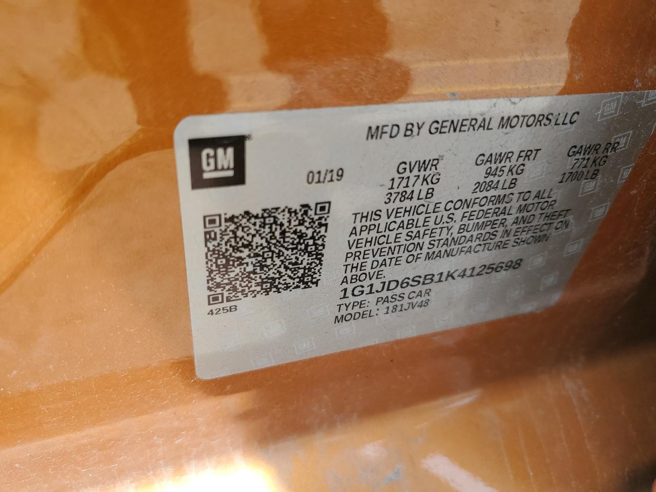 1G1JD6SB1K4125698 2019 Chevrolet Sonic Lt