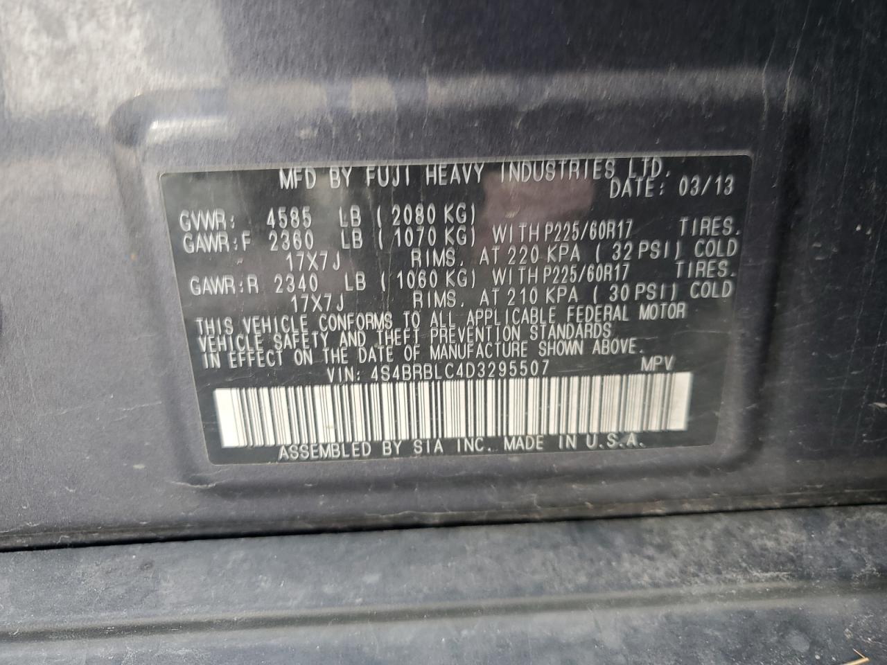 4S4BRBLC4D3295507 2013 Subaru Outback 2.5I Limited