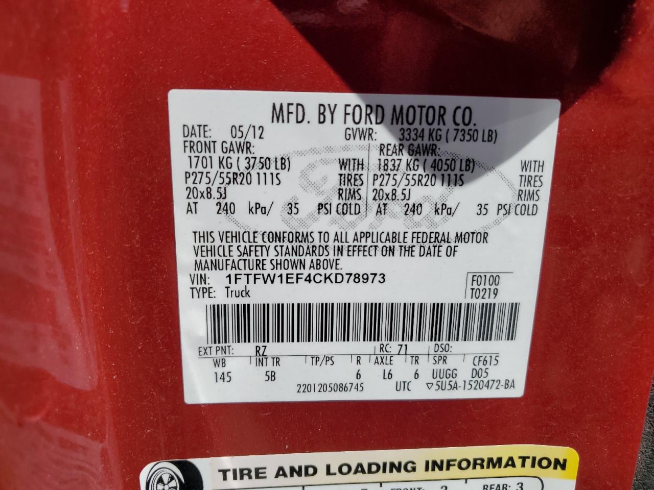 1FTFW1EF4CKD78973 2012 Ford F150 Supercrew