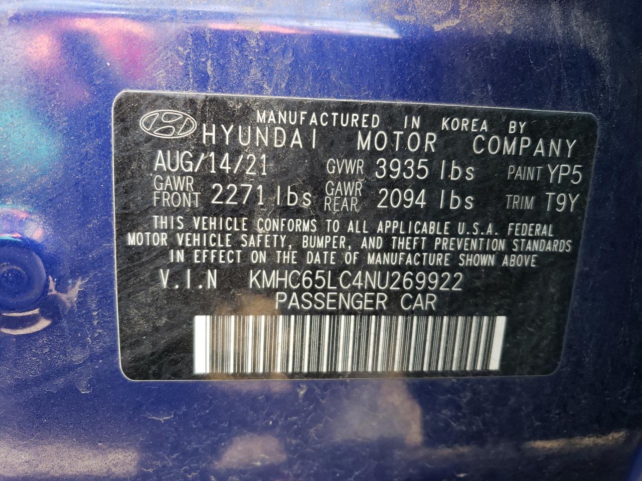 KMHC65LC4NU269922 2022 Hyundai Ioniq Blue