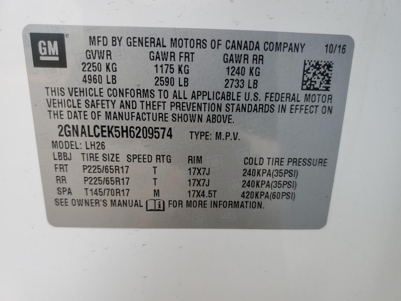 2GNALCEK5H6209574 2017 Chevrolet Equinox Lt