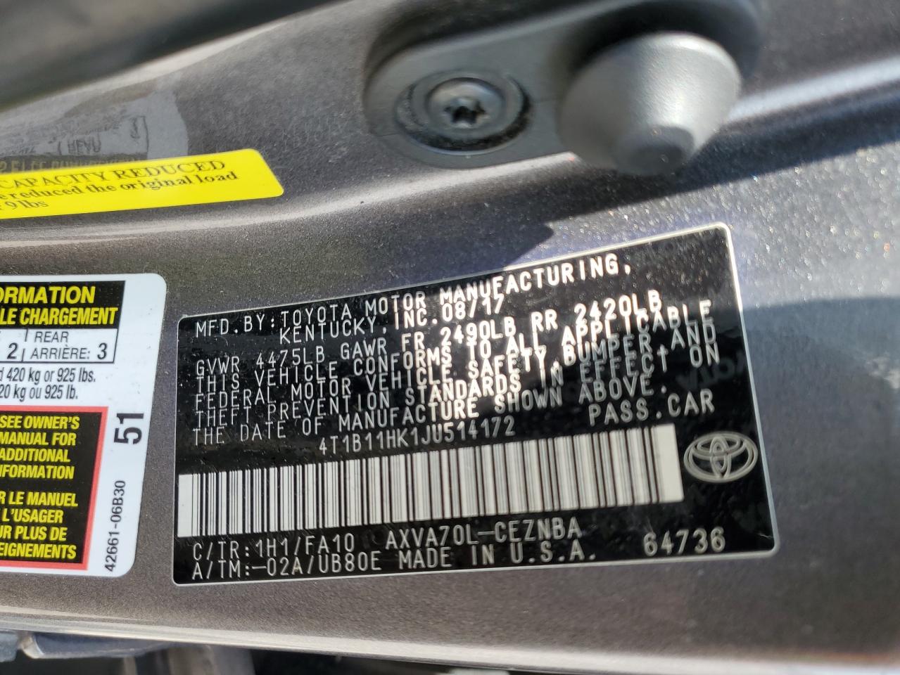 4T1B11HK1JU514172 2018 Toyota Camry L