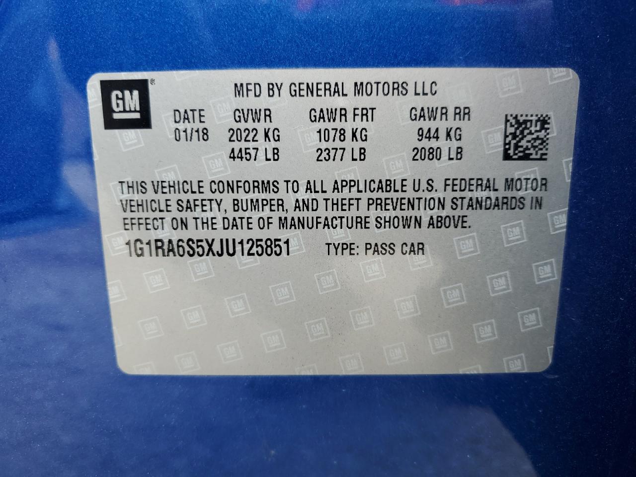 1G1RA6S5XJU125851 2018 Chevrolet Volt Lt