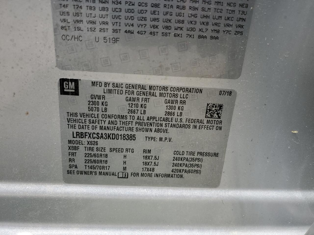 LRBFXCSA3KD018385 2019 Buick Envision Essence