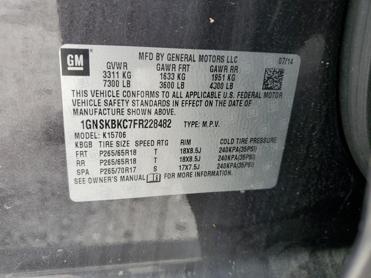 1GNSKBKC7FR228482 2015 Chevrolet Tahoe K1500 Lt