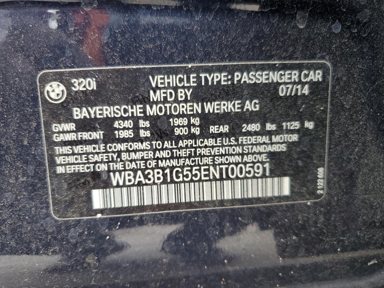 WBA3B1G55ENT00591 2014 BMW 320 I