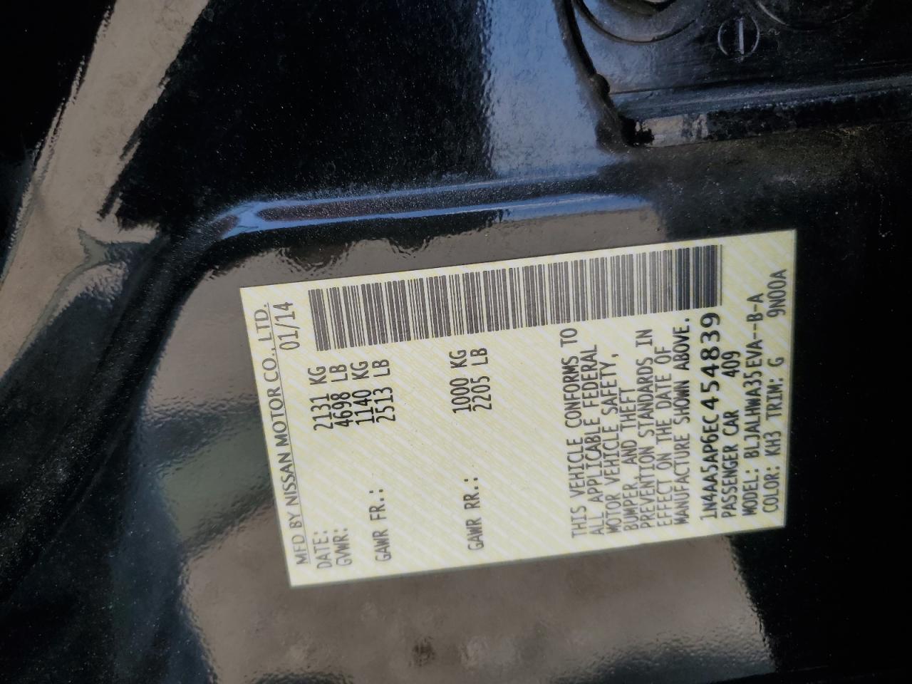 1N4AA5AP6EC454839 2014 Nissan Maxima S