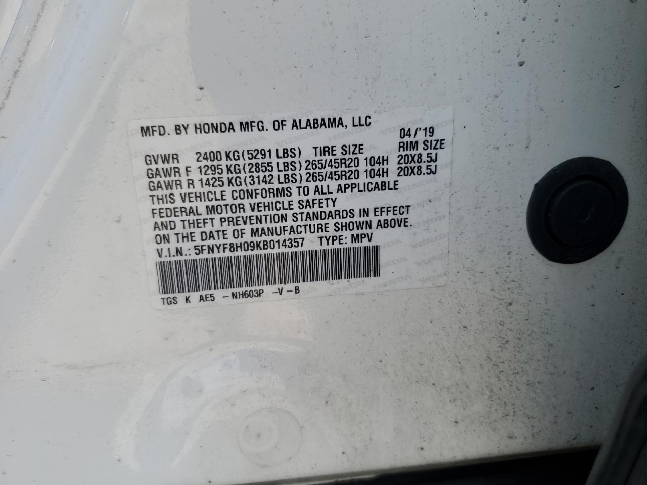 5FNYF8H09KB014357 2019 Honda Passport Elite