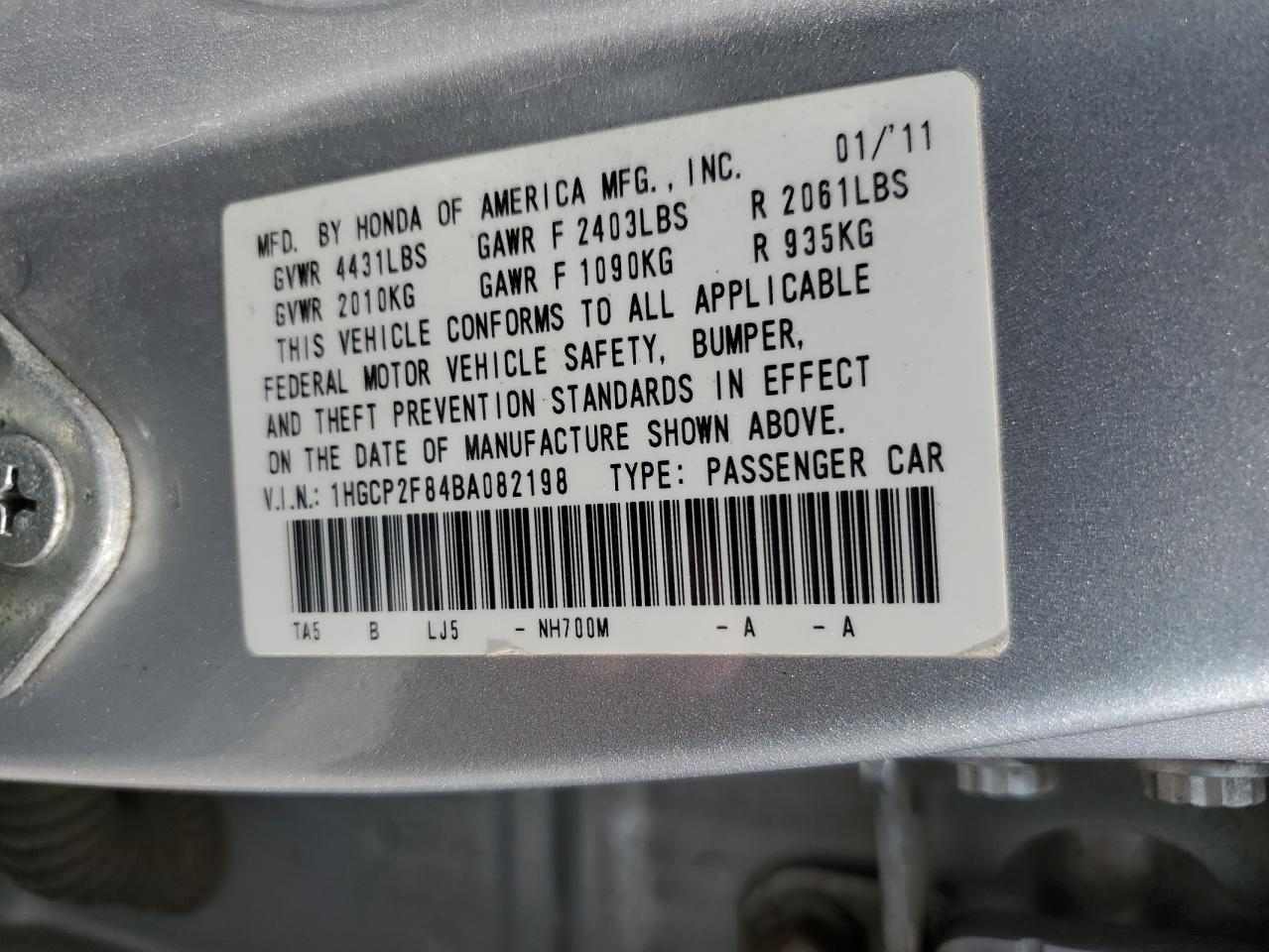 1HGCP2F84BA082198 2011 Honda Accord Exl