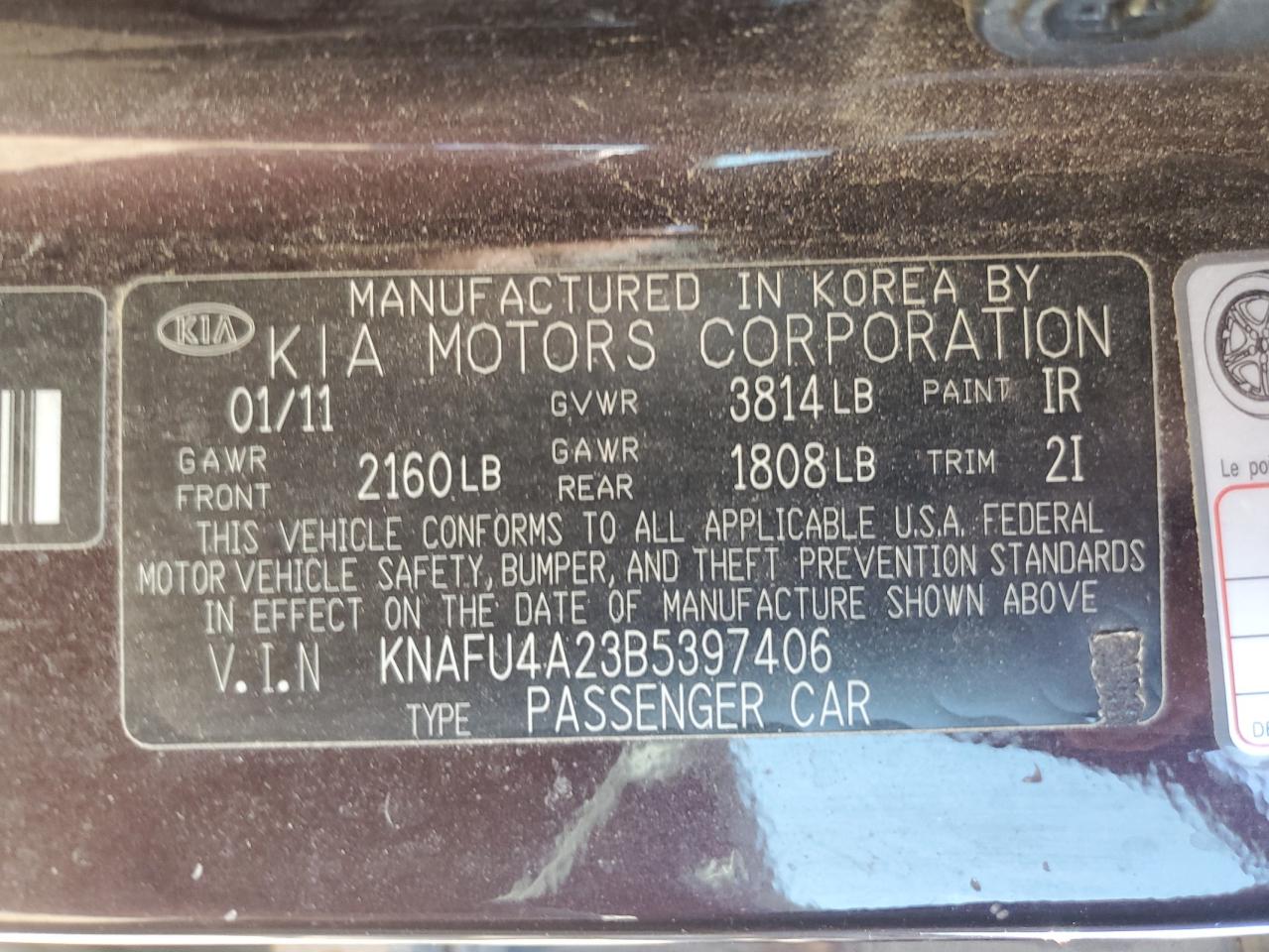 KNAFU4A23B5397406 2011 Kia Forte Ex