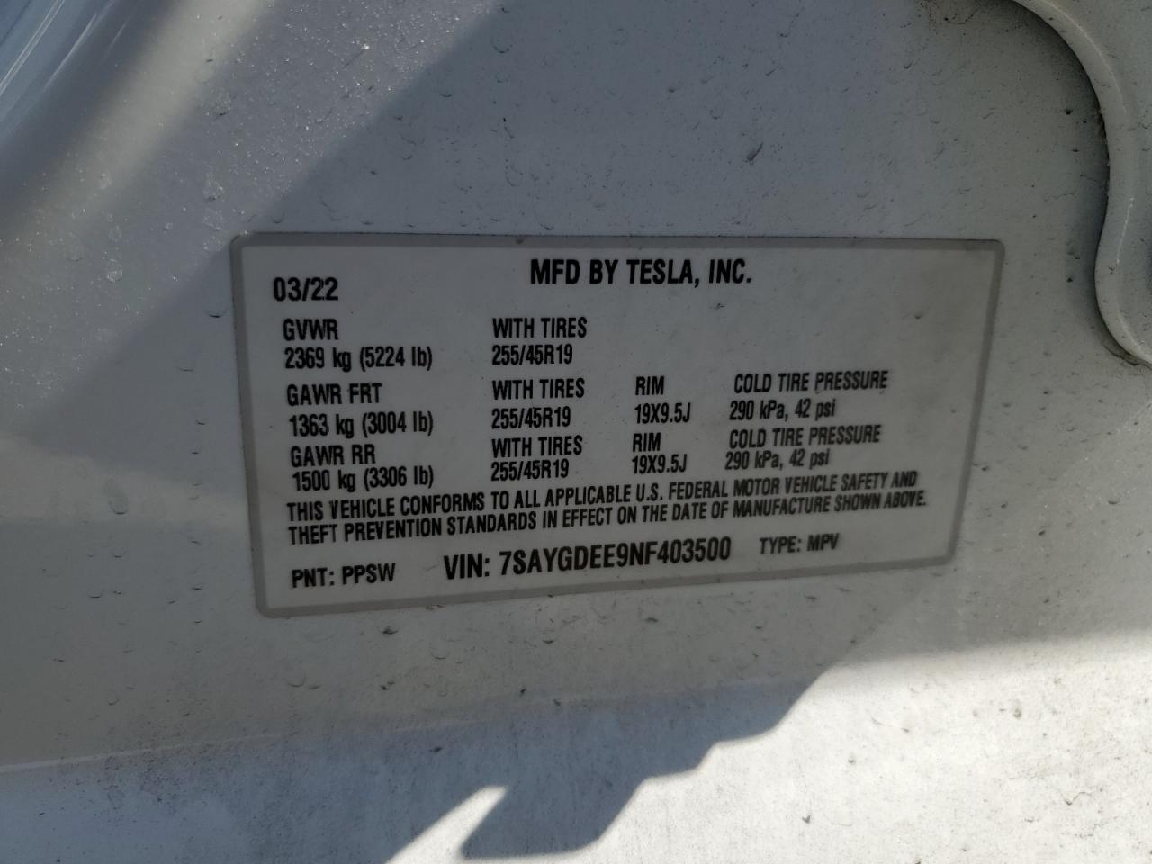 7SAYGDEE9NF403500 2022 Tesla Model Y