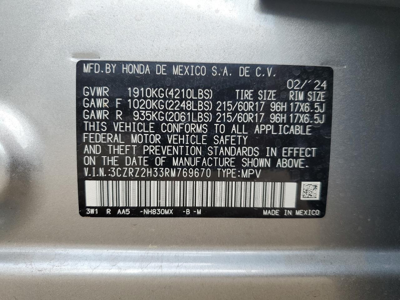 3CZRZ2H33RM769670 2024 Honda Hr-V Lx