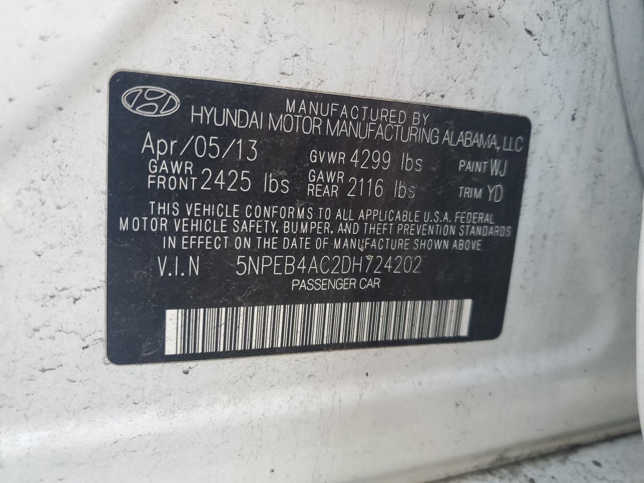 5NPEB4AC2DH724202 2013 Hyundai Sonata Gls