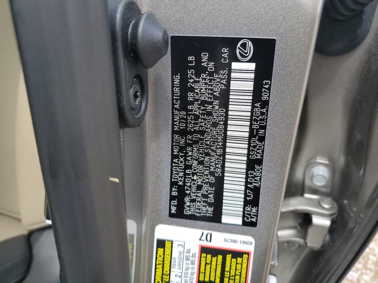 58ADZ1B14MU084930 2021 Lexus Es 350 Base