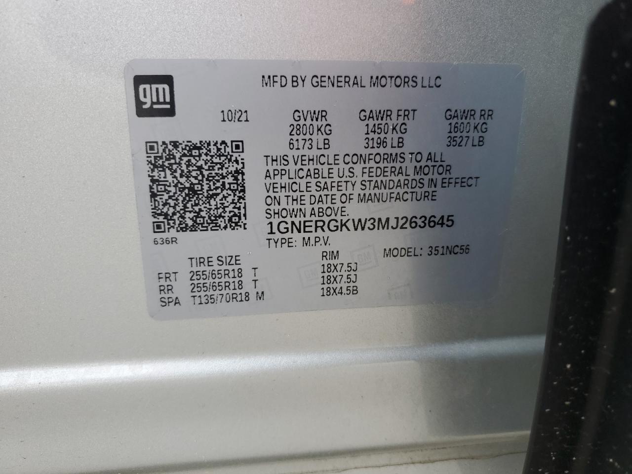 1GNERGKW3MJ263645 2021 Chevrolet Traverse Lt