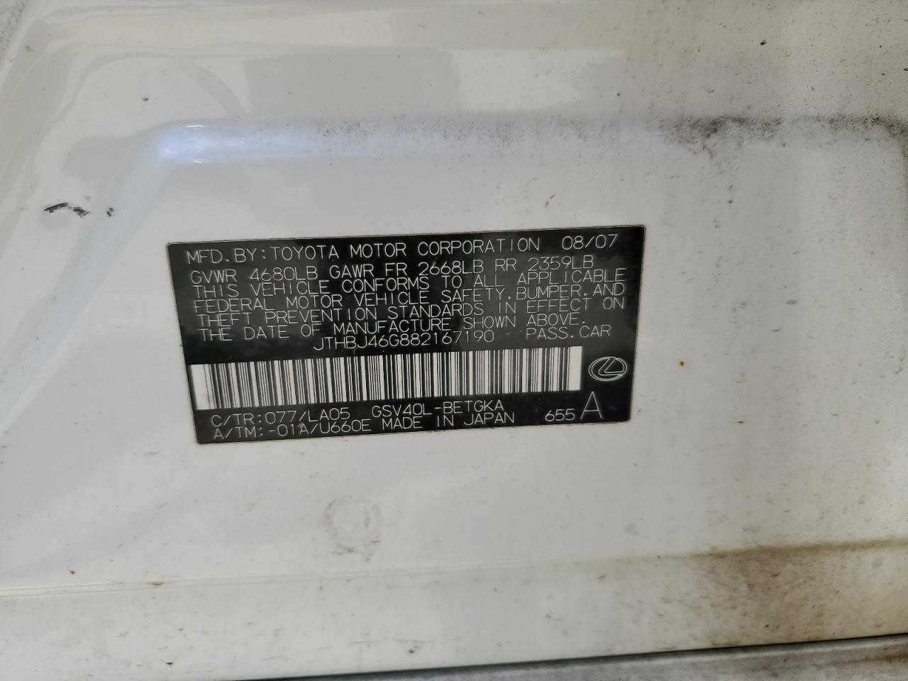 JTHBJ46G882167190 2008 Lexus Es 350