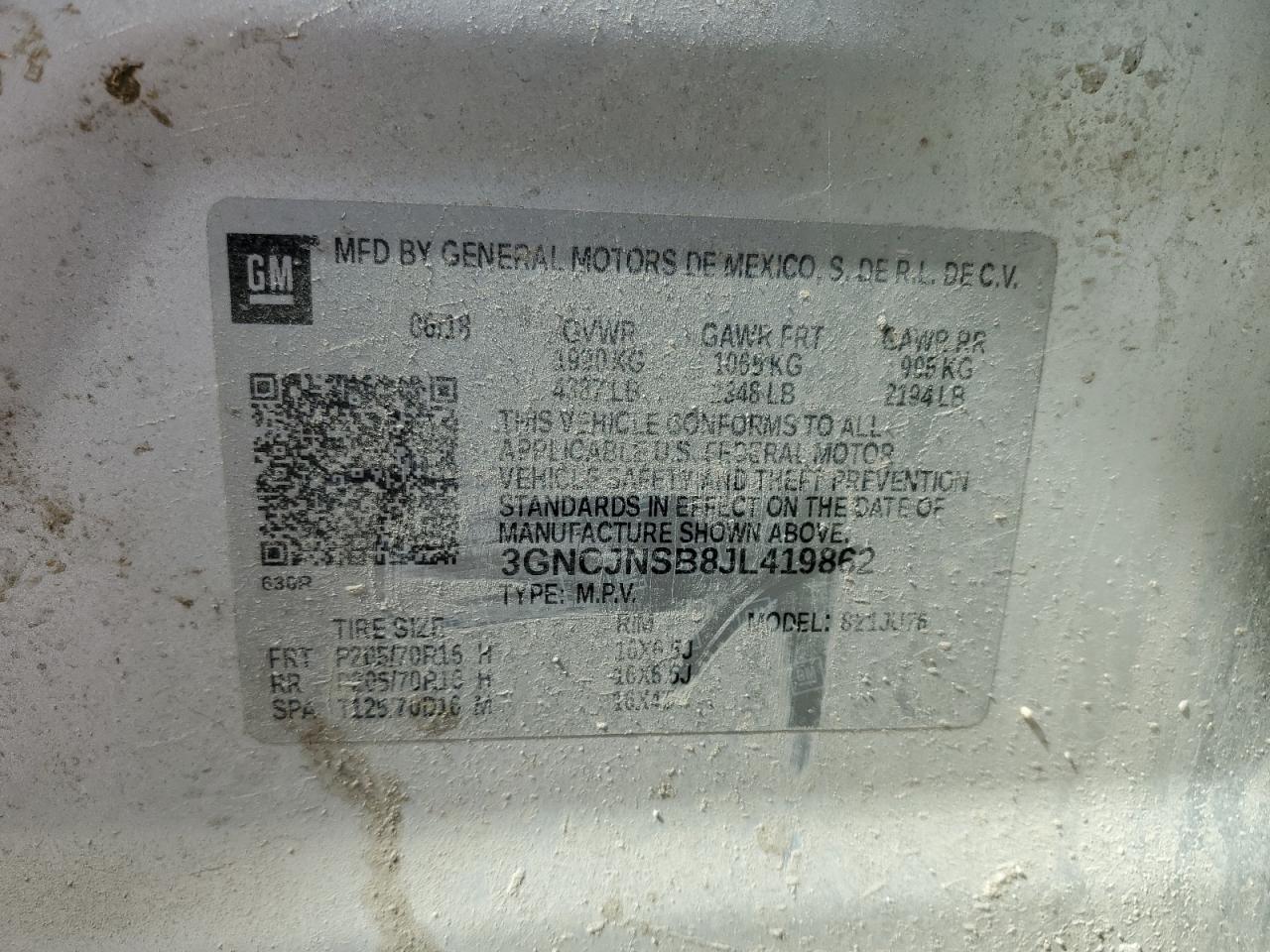 3GNCJNSB8JL419862 2018 Chevrolet Trax Ls