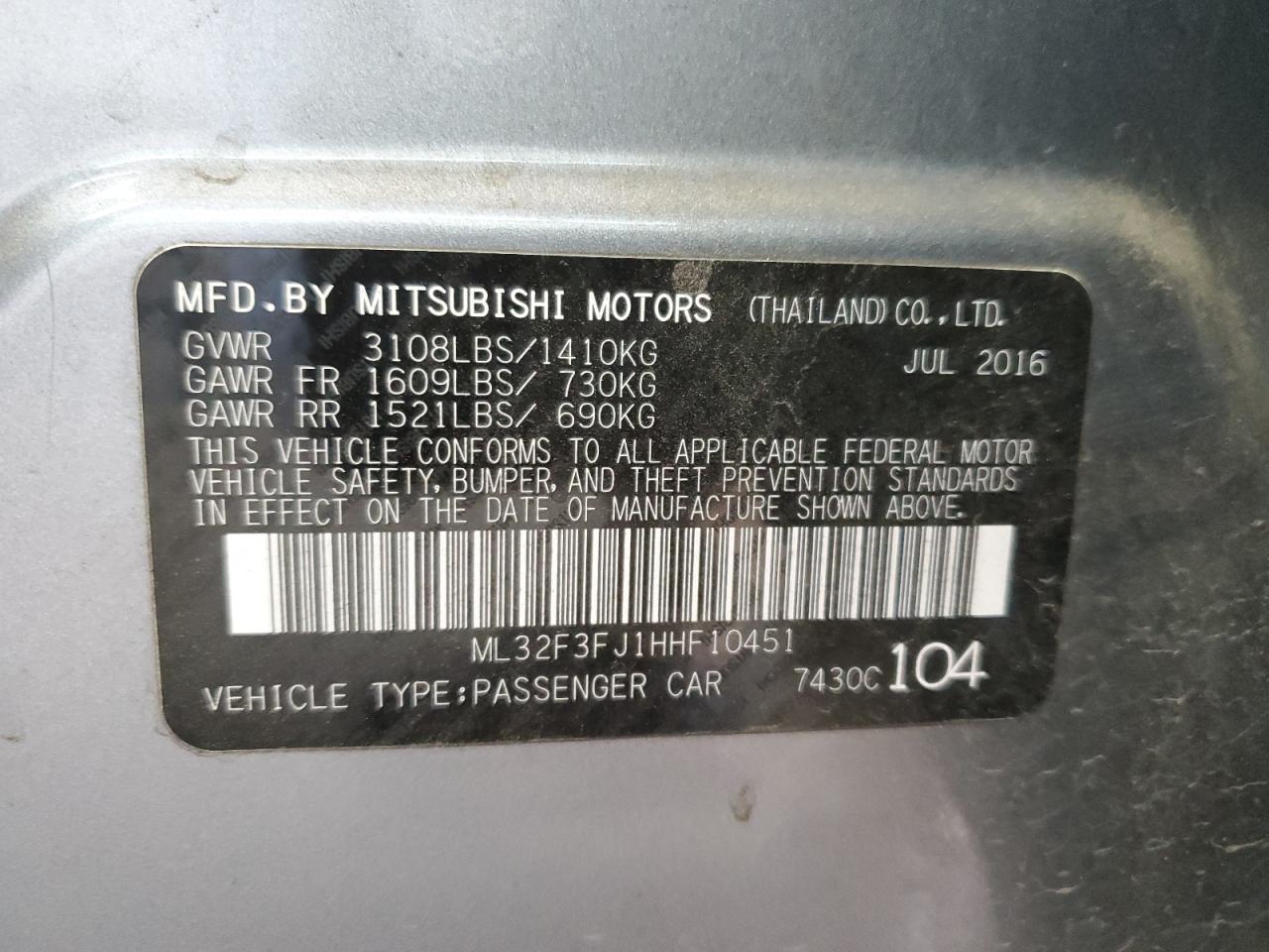 ML32F3FJ1HHF10451 2017 Mitsubishi Mirage G4 Es