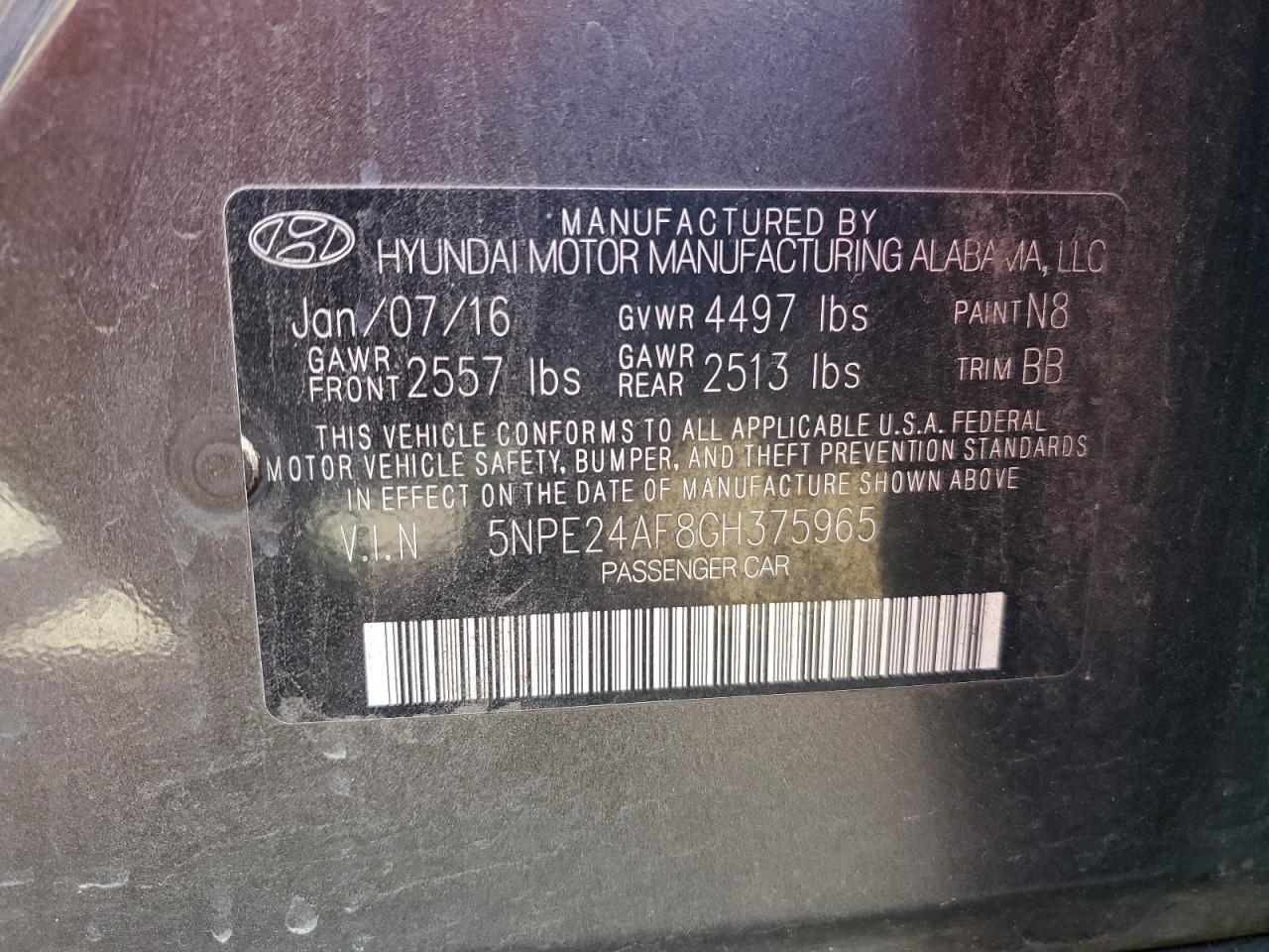 5NPE24AF8GH375965 2016 Hyundai Sonata Se