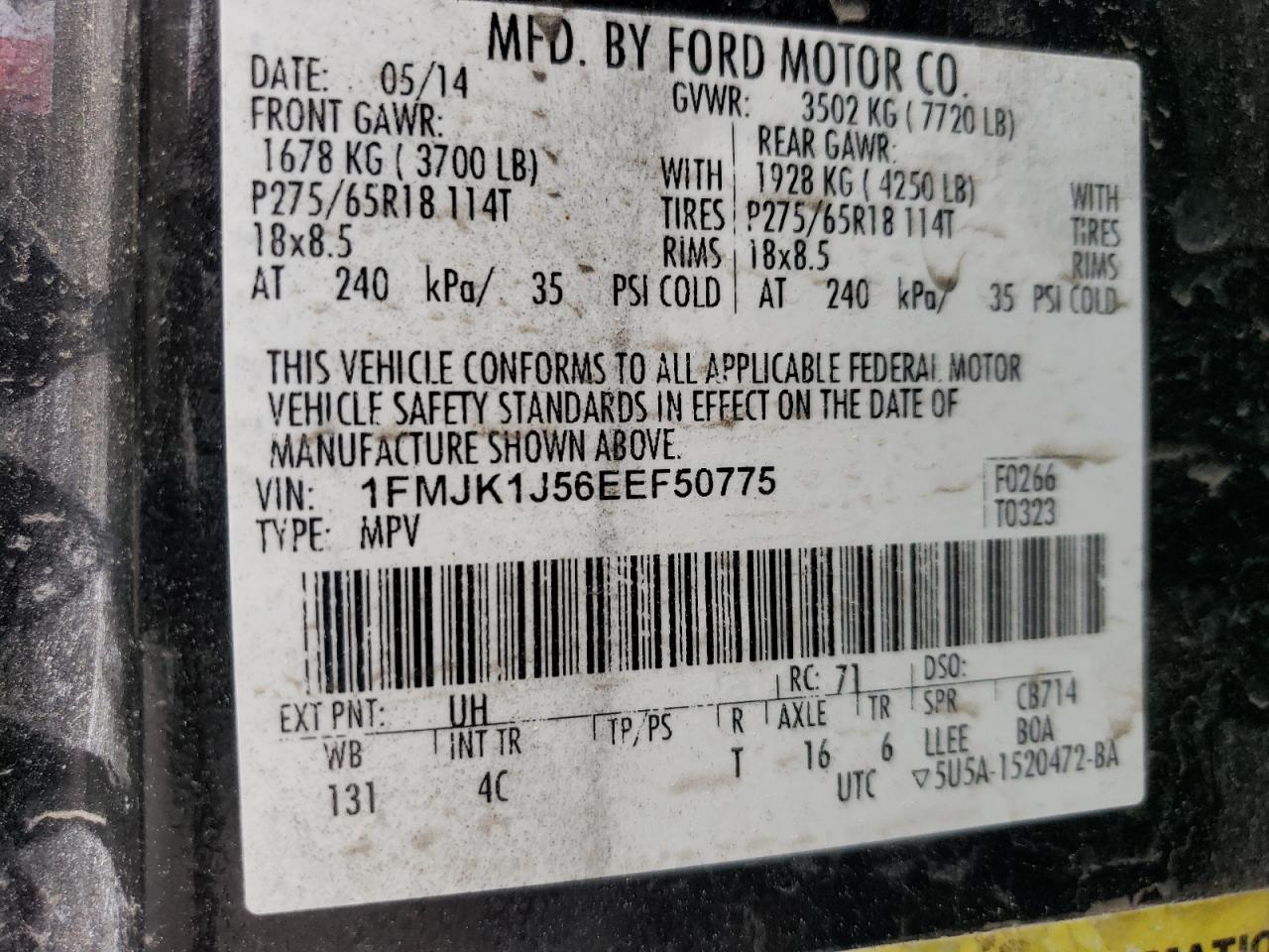 1FMJK1J56EEF50775 2014 Ford Expedition El Xlt