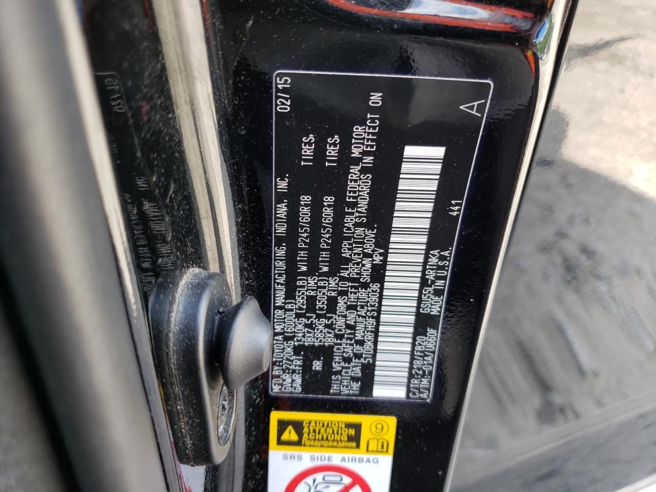 5TDBKRFH9FS139036 2015 Toyota Highlander Le