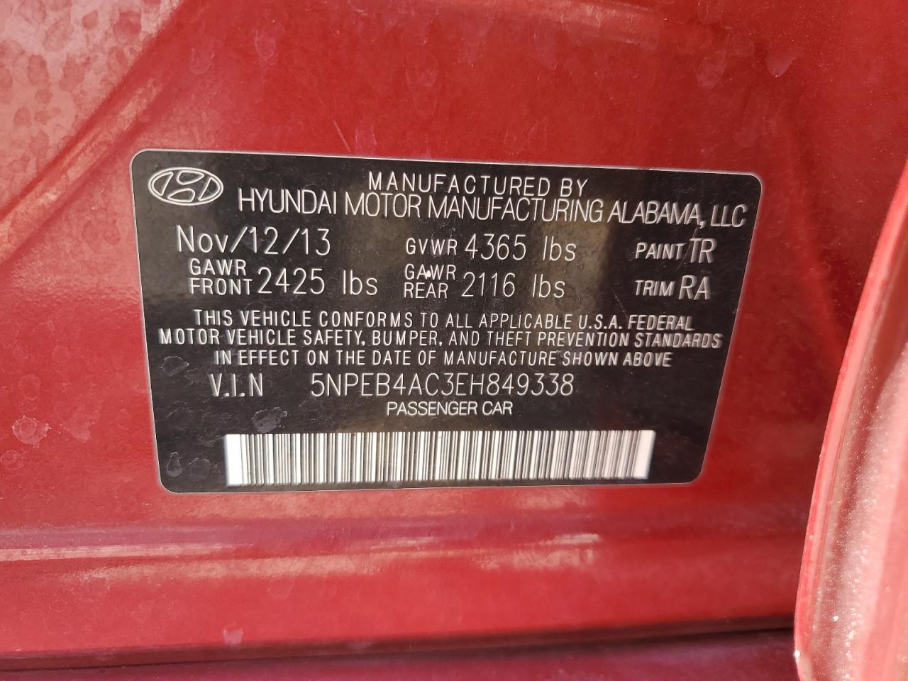 5NPEB4AC3EH849338 2014 Hyundai Sonata Gls