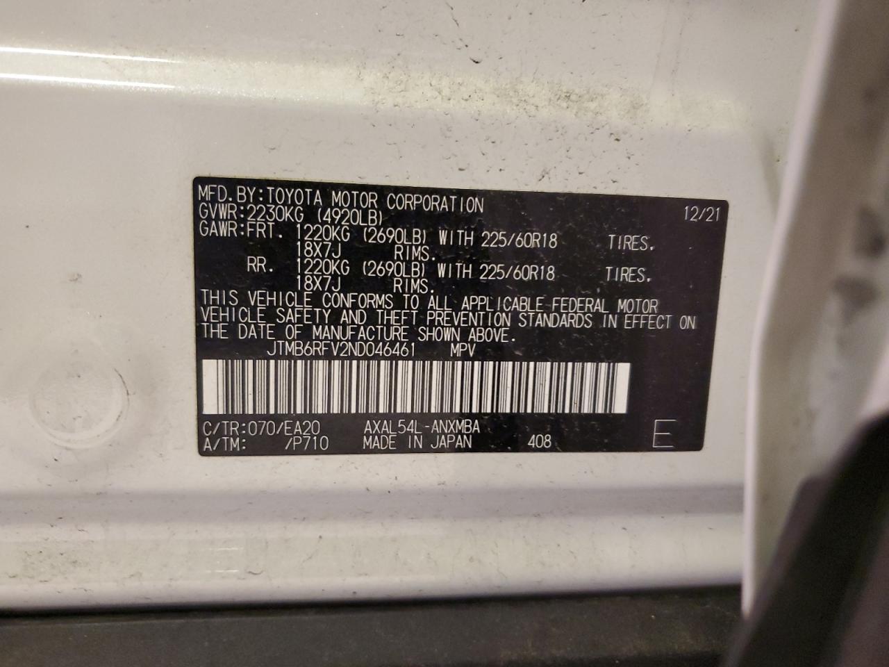 JTMB6RFV2ND046461 2022 Toyota Rav4 Xle Premium