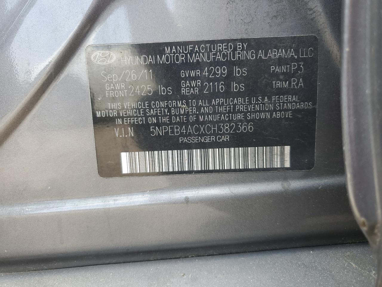 5NPEB4ACXCH382366 2012 Hyundai Sonata Gls