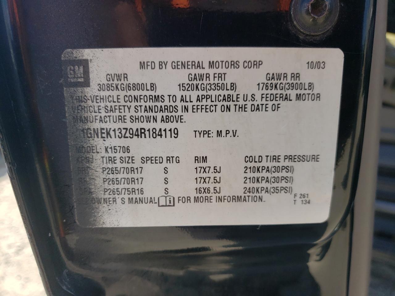 1GNEK13Z94R184119 2004 Chevrolet Tahoe K1500