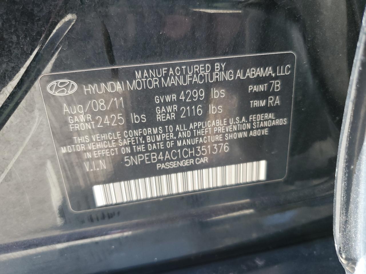 5NPEB4AC1CH351376 2012 Hyundai Sonata Gls